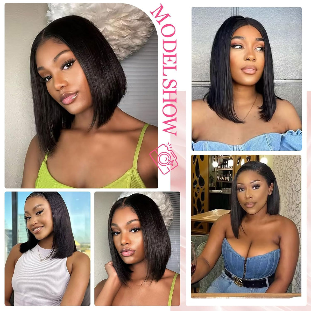 Atikual V Part Bob Wig Short Straight Human Hair Glueless Wigs With Drawstring For Beginner Friendly