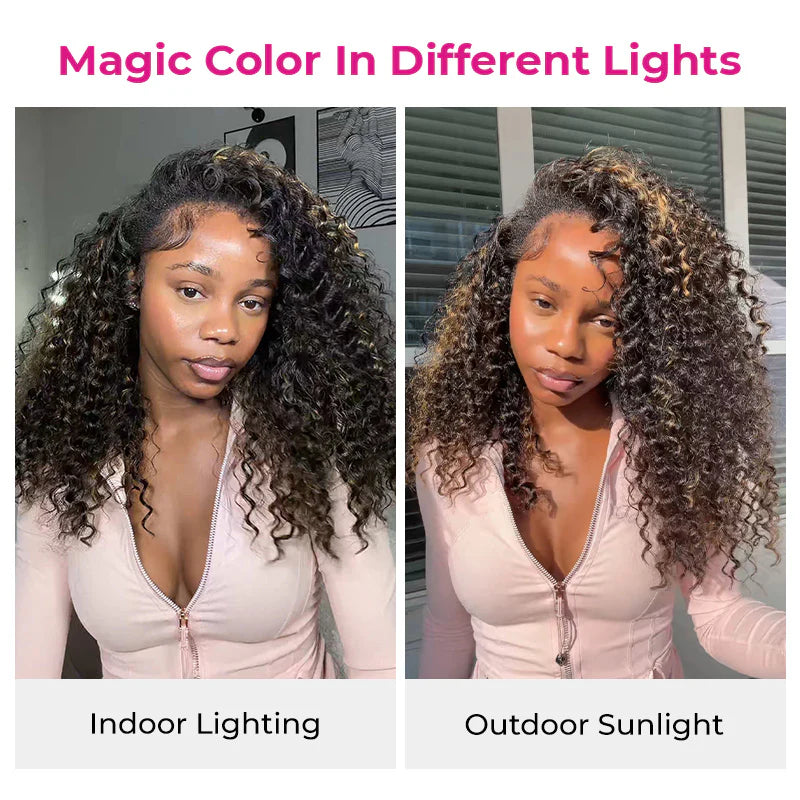 Atikual Wear Go Half Wig 1B/27 Highlight Kinky Curly Half Wig InvisiFit Strap Flip Over Wig Human Hair