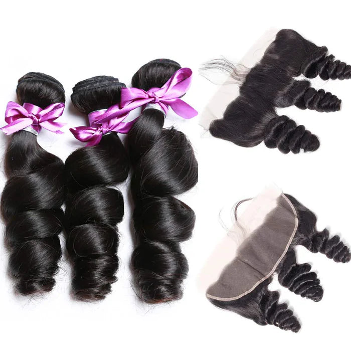 Atikual Loose Wave Hair 3 Bundles With 13x4 Lace Frontal Unprocessed Human Virgin Hair