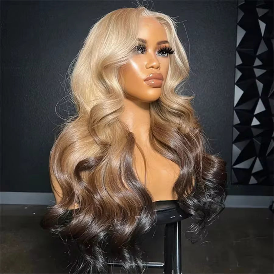 Atikual Ombre 613 Blonde Brown Body Wave Human Hair Wigs with Bangs for Women