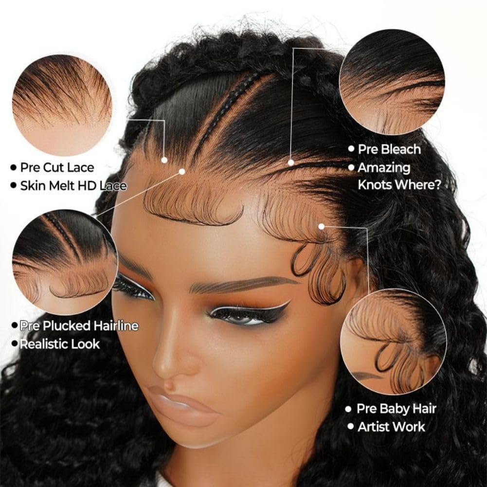 Atikual Pre Braided Glueless Wig Deep Wave 13x4 Lace Front Wigs Human Hair
