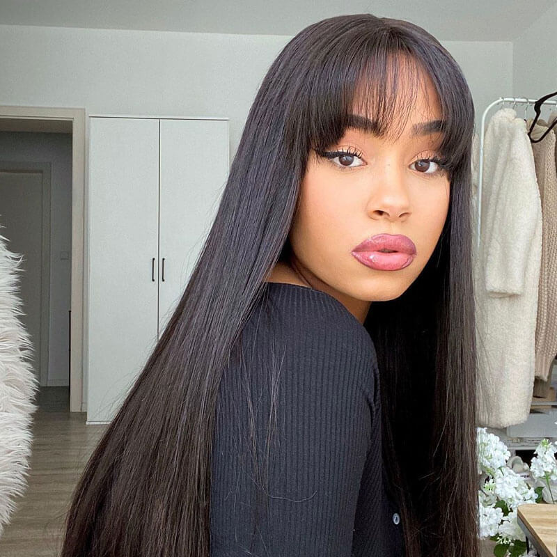 Atikual Glueless Straight Transparent Top Lace Wig Pre Bleached Human Hair Wigs With Bangs