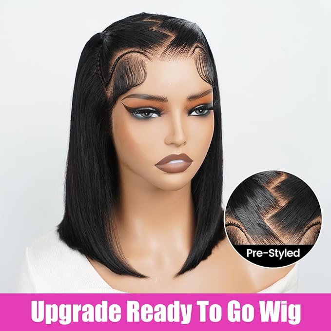 Atikual Short Bob Wig Human Hair 13x4 Lace Front Braided Wigs Straight Wear And Go Glueless