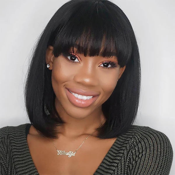 Atikual Straight Short Bob Wig Glueless Human Hair Wigs With Bangs For Women