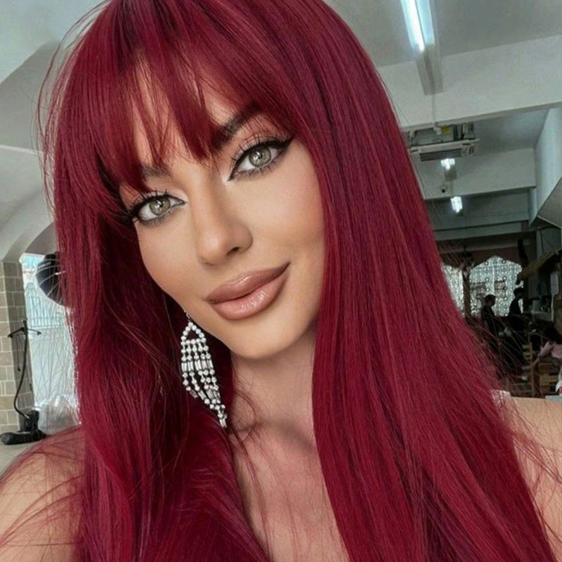 Atikual 99J Straight Wig With Bangs Silky Straight Glueless Human Hair Wig Natural Hairline