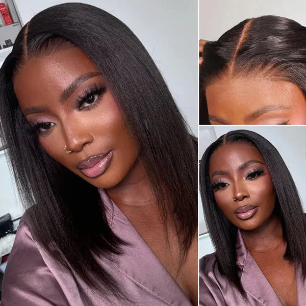 Atikual Glueless Layered Cut Yaki Straight Wear Go Wig 9x6 Pre-Cut T Part Lace Bob Wig Human Hair With Elastic Drawstring