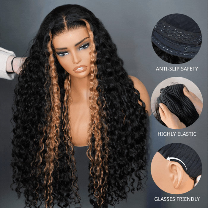 Atikual Highlight Honey Blonde Water Wave Lace Front Wigs Pre Cut Glueless Human Hair Wigs Put On And Go