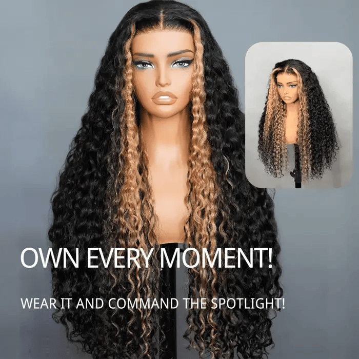 Atikual Highlight Honey Blonde Water Wave Lace Front Wigs Pre Cut Glueless Human Hair Wigs Put On And Go