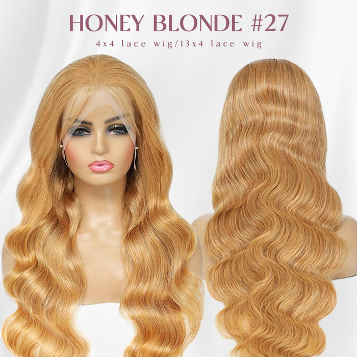 Atikual Honey Blonde Body Wave Wigs 13X4/13X6 Transparent Lace Front #27 Color Virgin Human Hair Wigs Pre Plucked