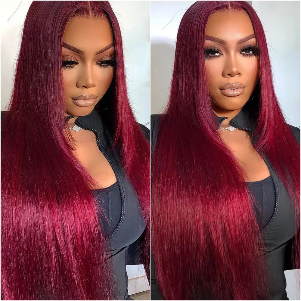 Atikual 99J Burgundy Color Wig Bone Straight Red Color 13*4 13*6 Lace Front Human Hair Wigs for Women