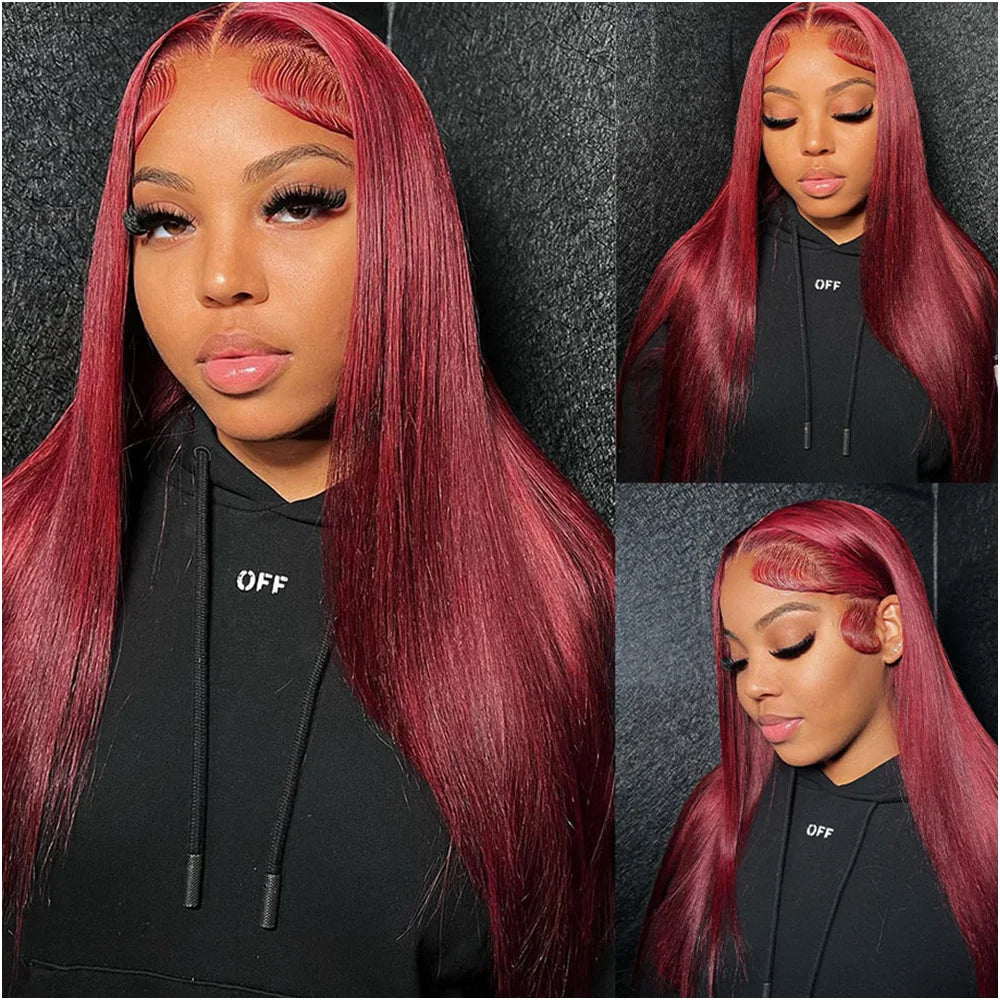 Atikual 99J Burgundy Color Wig Bone Straight Red Color 13*4 13*6 Lace Front Human Hair Wigs for Women