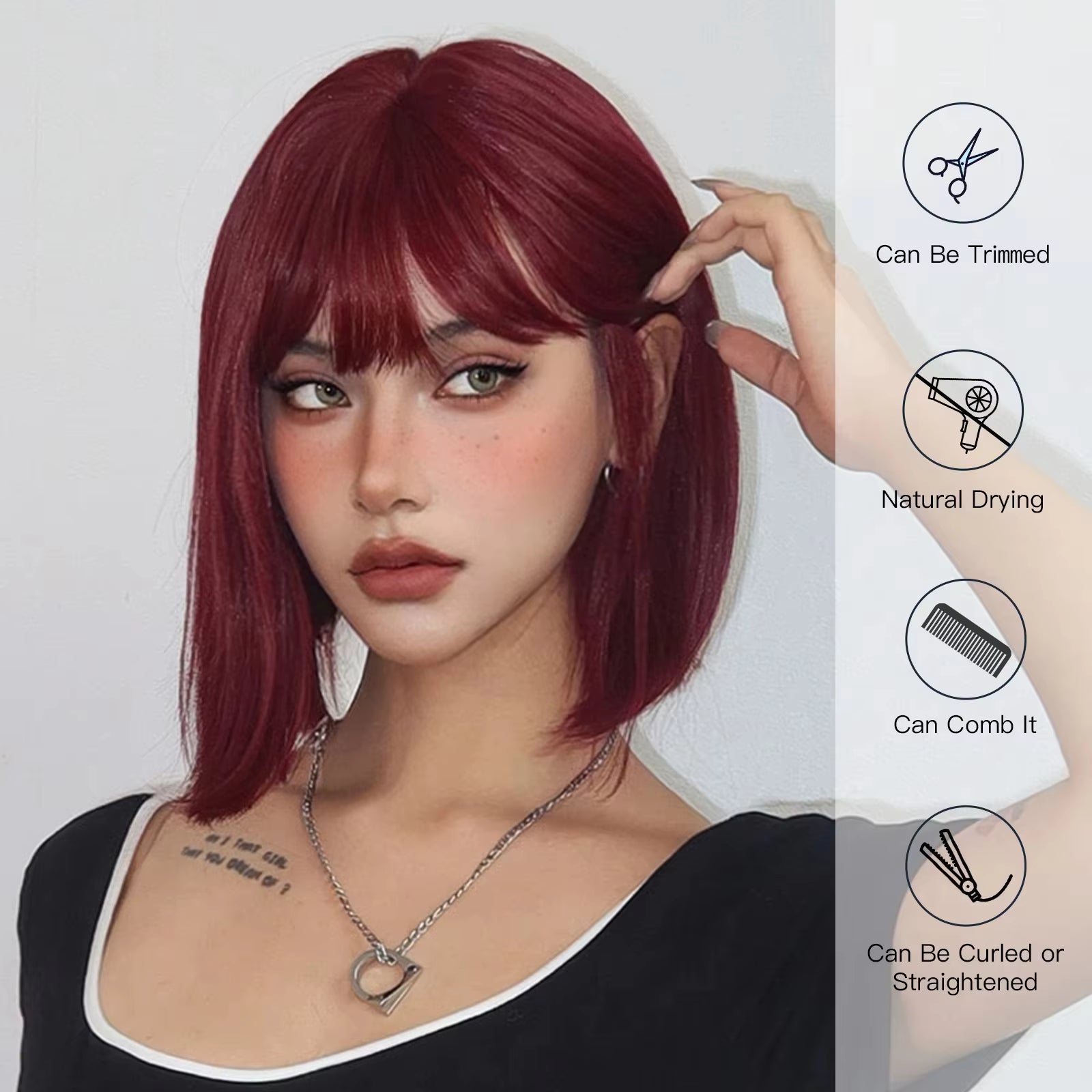 Atikual 99J Straight Wig With Bangs Silky Straight Glueless Human Hair Wig Natural Hairline