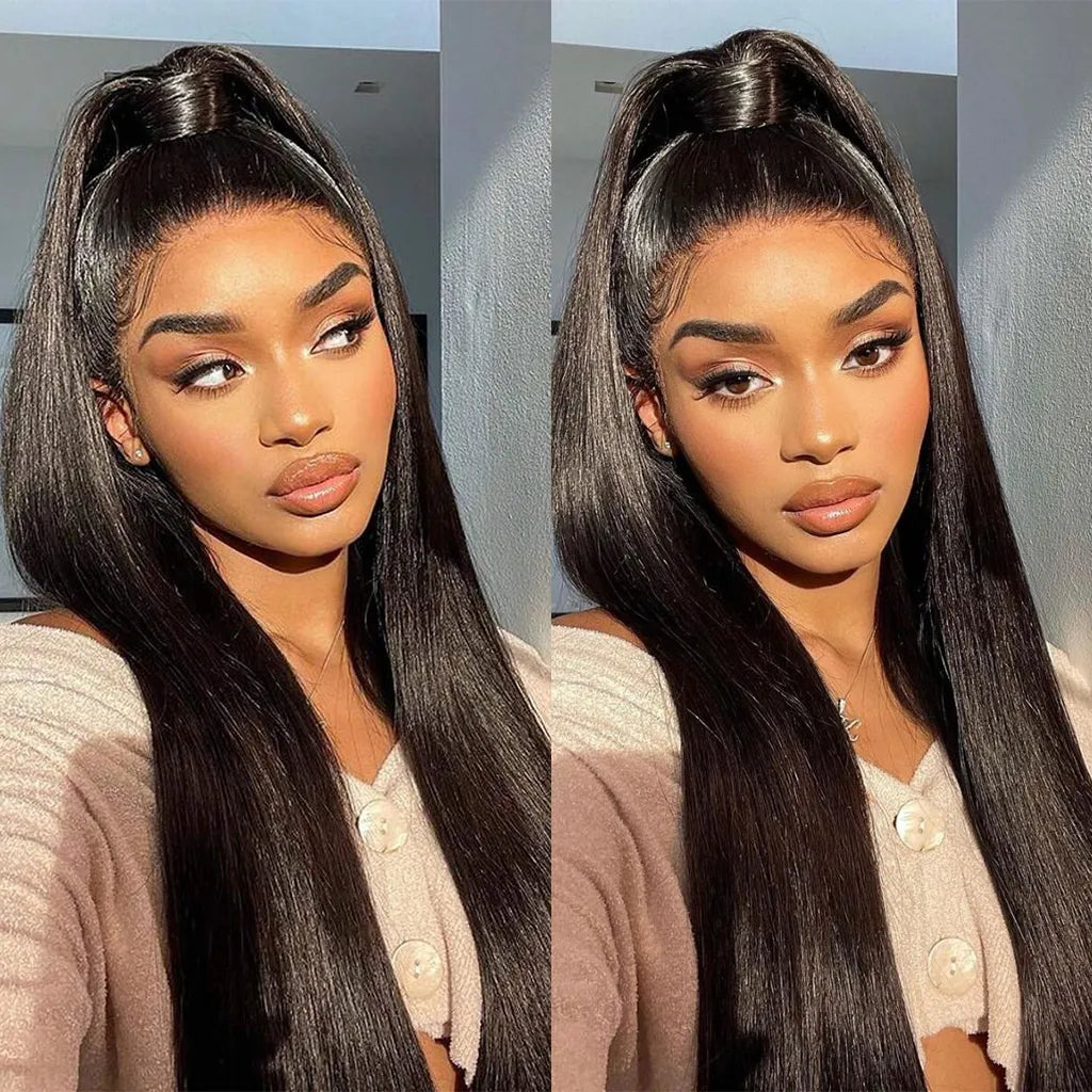 Atikual Pre Cut 360 Glueless Lace Wigs Silky Straight Invisi Strap Drawstring 360 Lace Front Human Hair Wigs