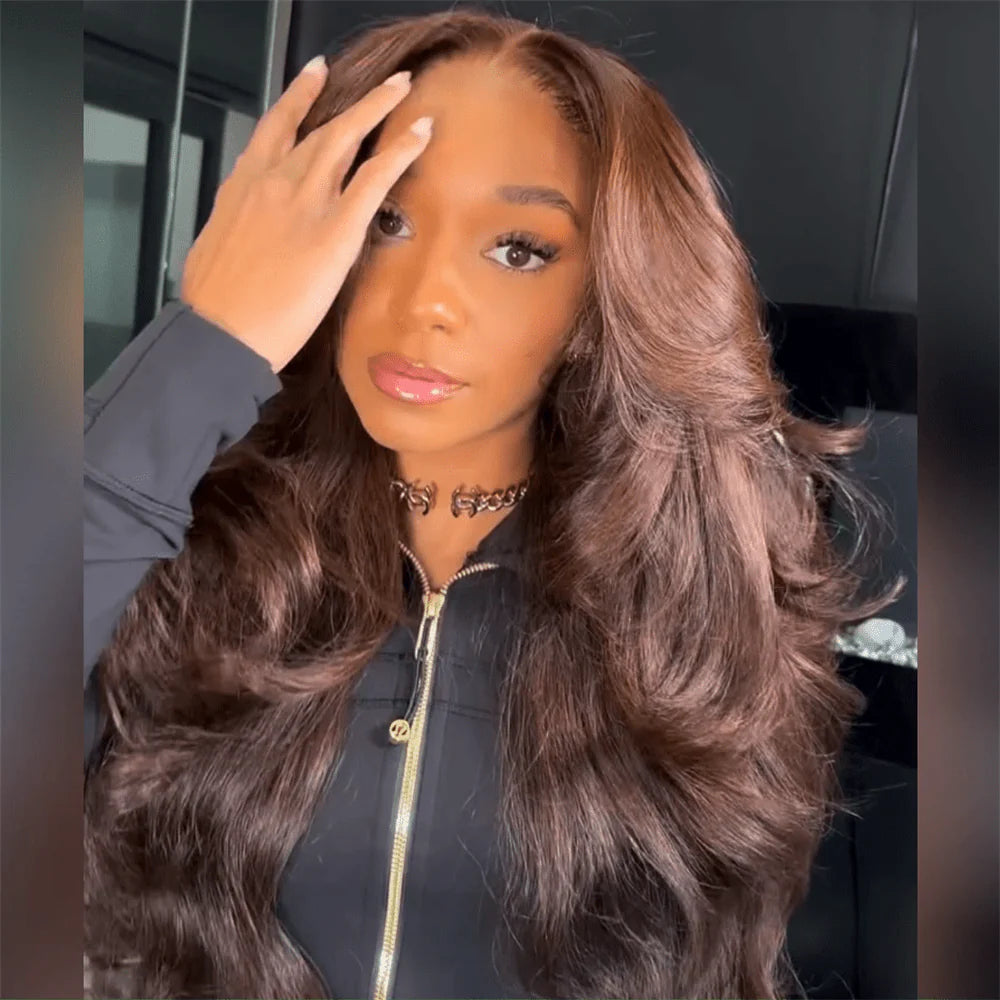 Atikual Luxury Chestnut Brown Layered Body Wave 13x4 HD Lace Front Wig 100% Unprocessed Brazilian Human Hair Wig for Black Women