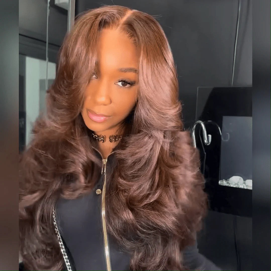 Atikual Luxury Chestnut Brown Layered Body Wave 13x4 HD Lace Front Wig 100% Unprocessed Brazilian Human Hair Wig for Black Women