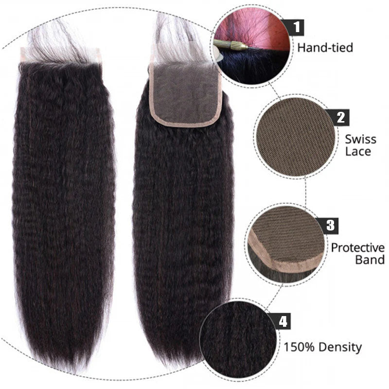 Atikual 4x4 HD Transparent Lace Closure Kinky Straight Human Hair Closure Natural Black Hair Top Swiss Lace