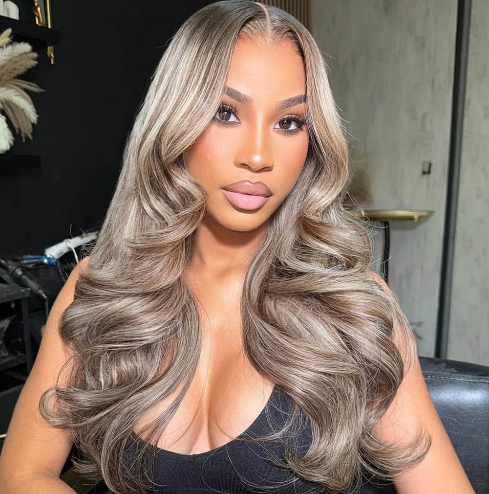 Atikual Ombre Ash Blonde Highlights Lace Front Wig Human Hair Body Wave Ombre Roots Milk Tea with Brown Color Pre Plucked Wigs