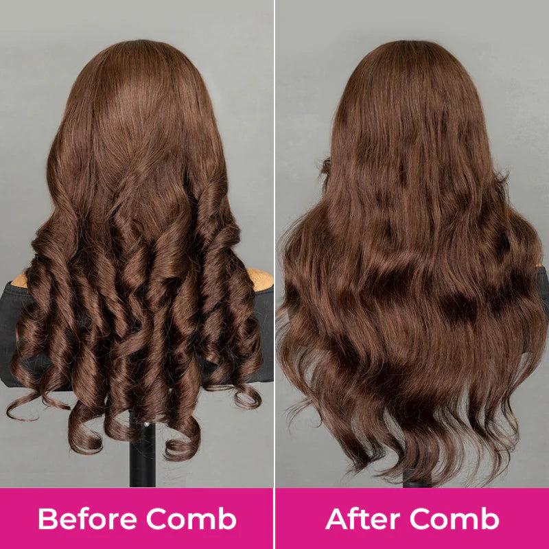 Atikual Chocolate Brown Color Face-Framing Layered Cut Body Wave Glueless Wig 7X5 Pre Cut Lace Wear Go Human Hair Wigs