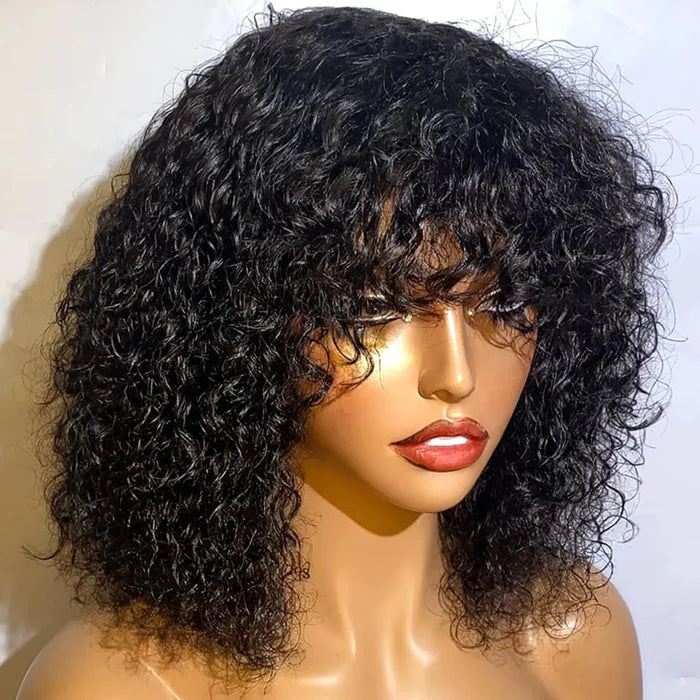 Atikual Put On To Go Jerry Curly Short Bob Glueless No Lace 100% Human Hair Wigs With Bangs