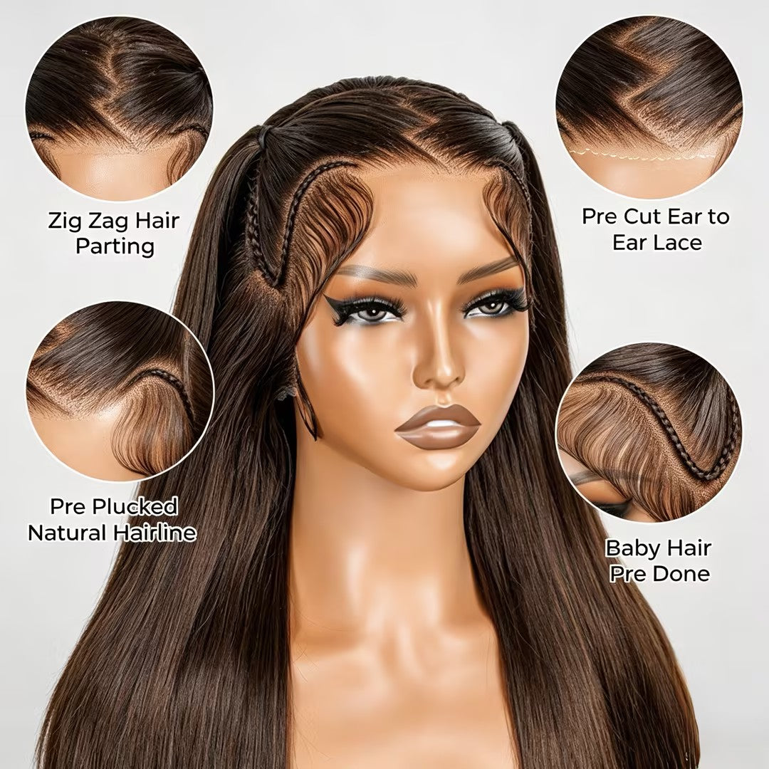 Atikual #4 Brown Pre Styled Zig Zag Part Frontal Wig Straight Glueless Lace Wig