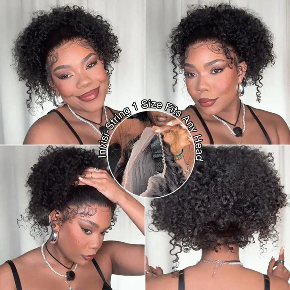 Atikual 360 Lace Kinky Curly Invisi Drawstring Wear Go Wig Pre-Bleached Pre-Cut Lace Glueless Wig Human Hair