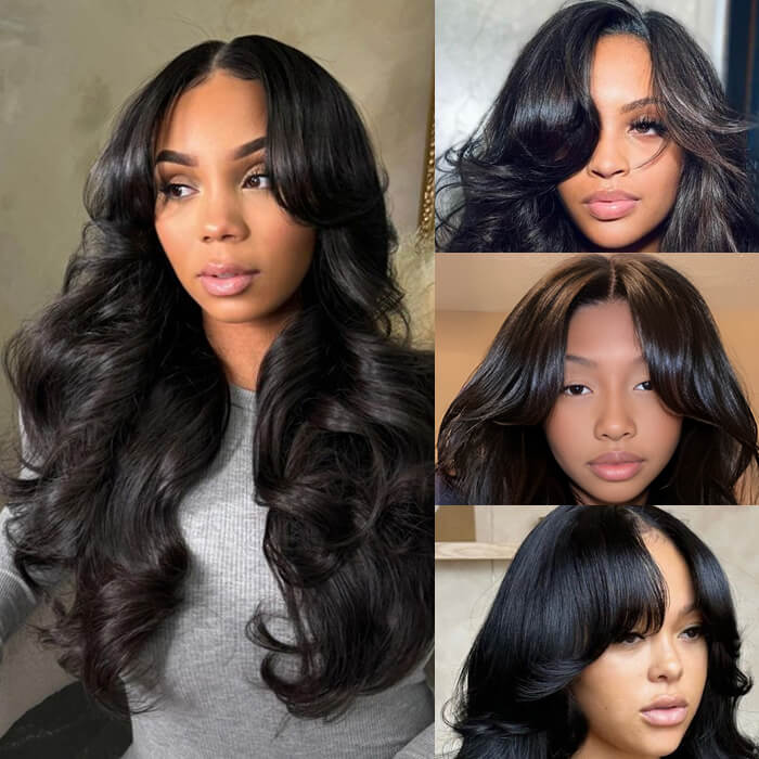 Atikual Curtain Bangs Body Wave Glueless 13x4 HD Lace Front Wig for Women 100% Human Hair Pre Everything