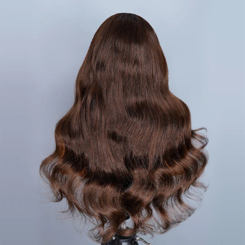 Atikual Chocolate Brown Color Face-Framing Layered Cut Body Wave Glueless Wig 7X5 Pre Cut Lace Wear Go Human Hair Wigs