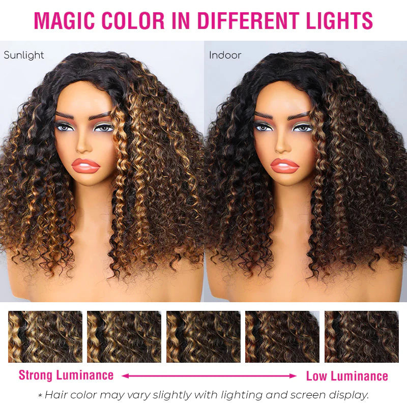Atikual Wear Go Half Wig 1B/30 Highlight Kinky Curly Half Wig InvisiFit Strap Flip Over Wig Human Hair