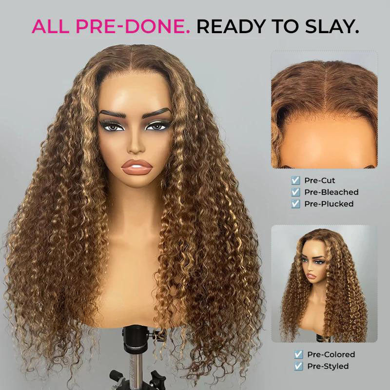 Atikual Highlight Brown Water Wave 360 Wear Go Wig Invisi Drawstrings Pre-Cut Lace Invisi Strap Glueless Wigs Human Hair