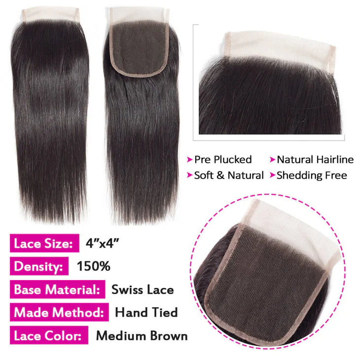 Atikual 4x4 HD Transparent Lace Closure Straight Human Hair Closure Natural Black Hair Top Swiss Lace