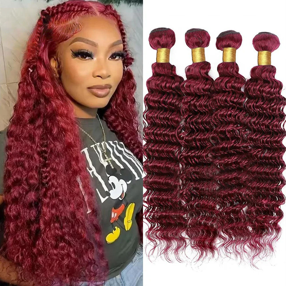 Atikual 99j Burgundy Deep Wave Bundles Colored Human Hair Bundle Weaves 4 Pcs Brazilian Remy Hair Extension Curly Hair
