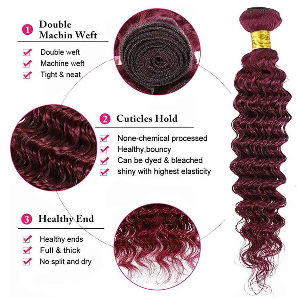 Atikual 99j Burgundy Deep Wave Bundles Colored Human Hair Bundle Weaves 4 Pcs Brazilian Remy Hair Extension Curly Hair