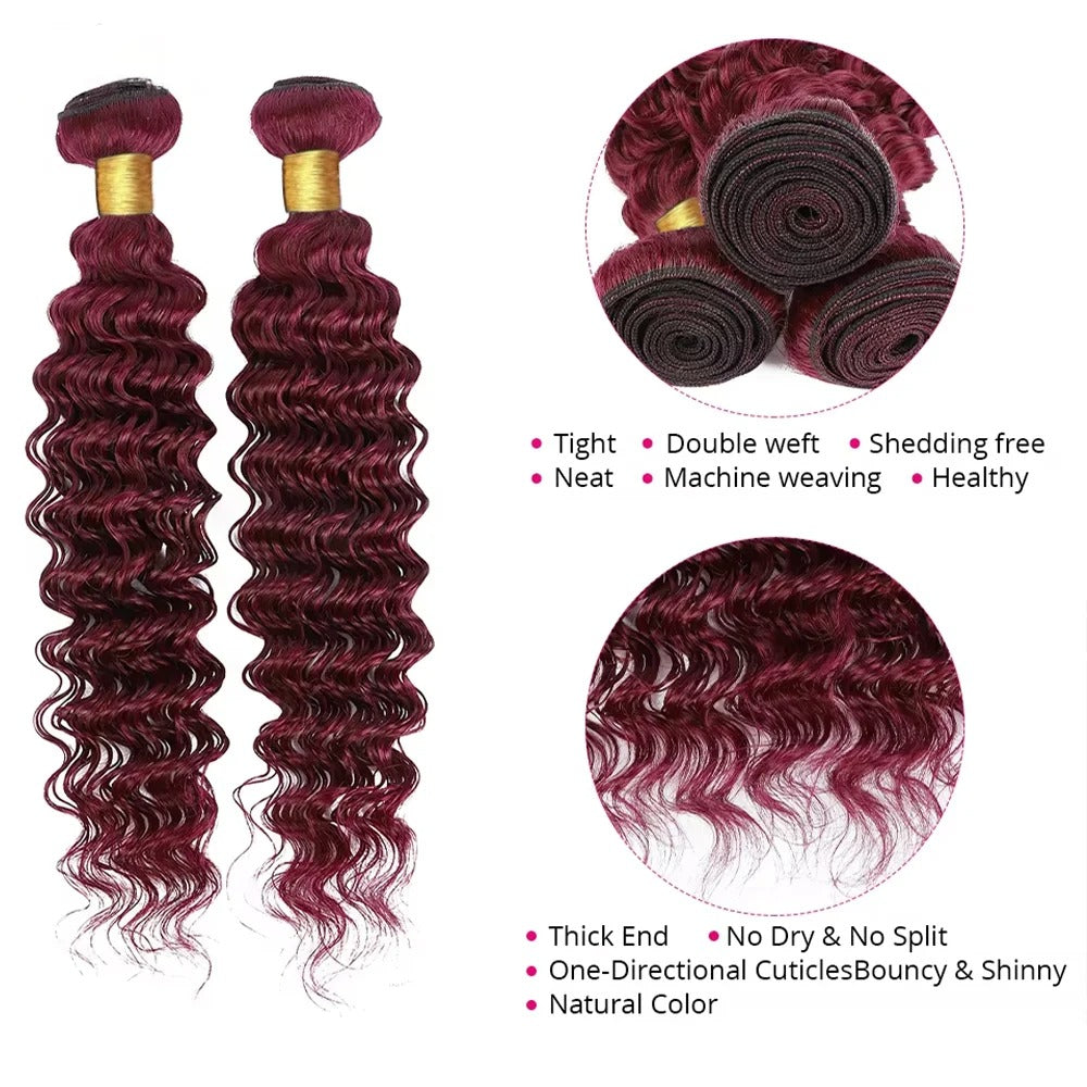 Atikual 99j Burgundy Deep Wave Bundles Colored Human Hair Bundle Weaves 4 Pcs Brazilian Remy Hair Extension Curly Hair