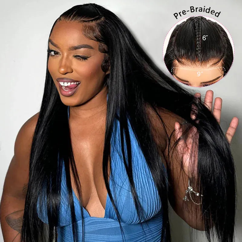 Atikual Pre-Braided Glueless Silky Straight Wig 9×6 Pre Everything Flexi-Fit Cap with Pre-Bleached Knots