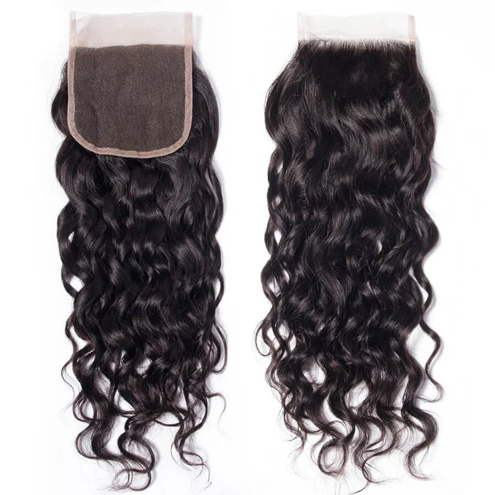 Atikual 4x4 HD Transparent Lace Closure Water Wave Human Hair Closure Natural Black Hair Top Swiss Lace