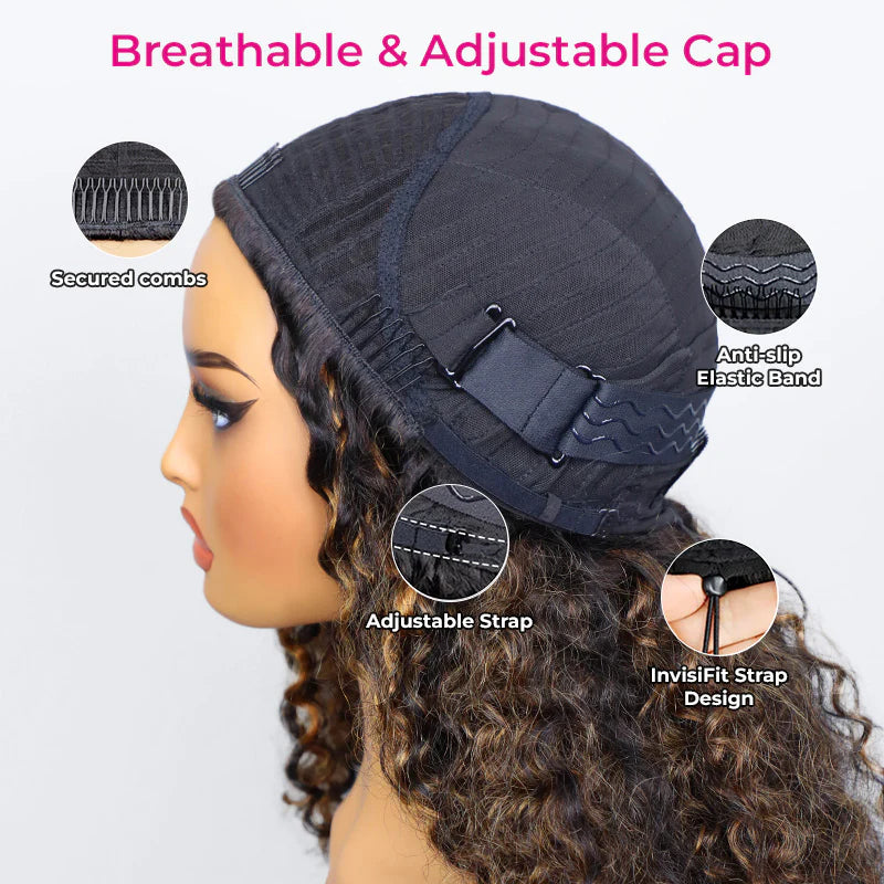 Atikual Wear Go Half Wig 1B/30 Highlight Kinky Curly Half Wig InvisiFit Strap Flip Over Wig Human Hair