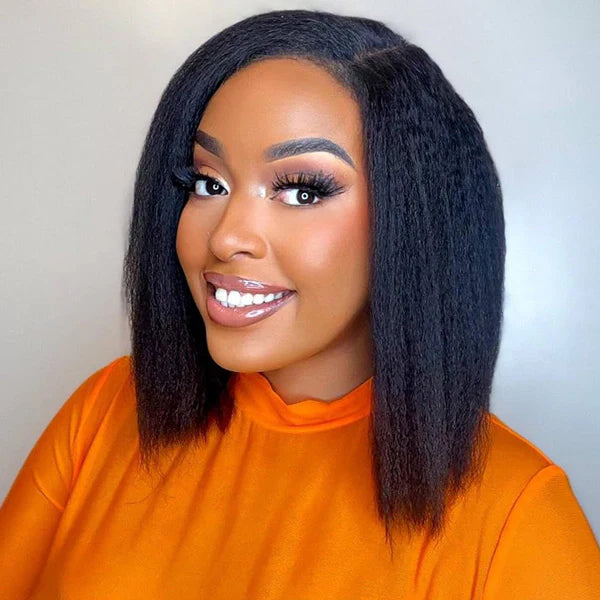 Atikual Wear Go Glueless Wigs Pre Cut Lace Kinky Straight 7x5 HD Lace Closure Bob Wigs 100% Human Hair