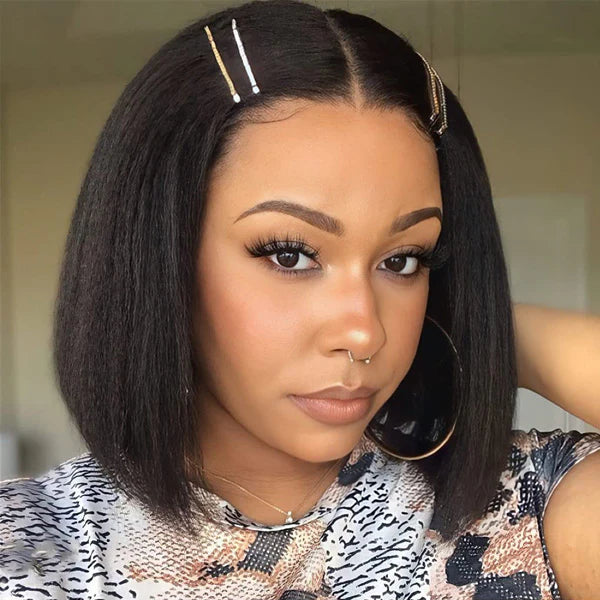 Atikual Wear Go Glueless Wigs Pre Cut Lace Kinky Straight 7x5 HD Lace Closure Bob Wigs 100% Human Hair