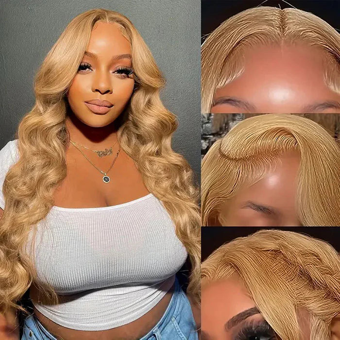 Atikual Honey Blonde Body Wave Wigs 13X4/13X6 Transparent Lace Front #27 Color Virgin Human Hair Wigs Pre Plucked