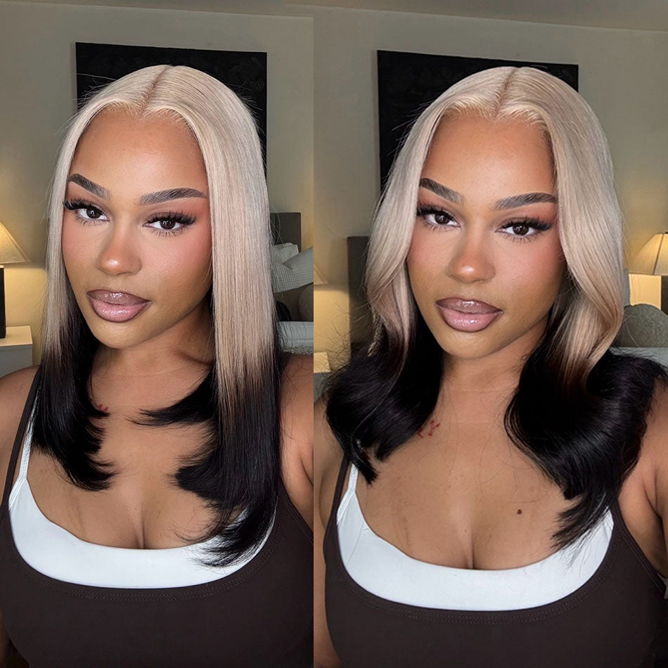 Atikual Fashion Gradient Color Ice Blonde With Black Bob Straight Virgin Hair Lace Wig Invisible Knots Hair
