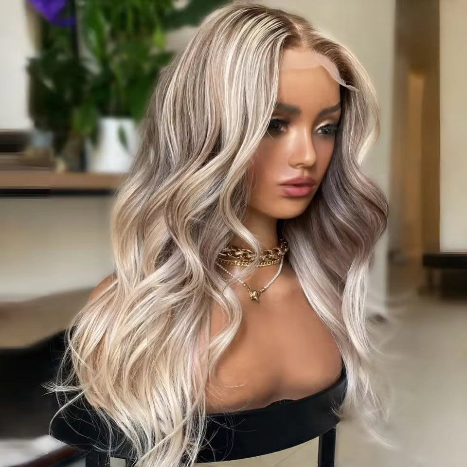 Atikual Ombre Ash Blonde Highlights Lace Front Wig Human Hair Body Wave Ombre Roots Milk Tea with Brown Color Pre Plucked Wigs