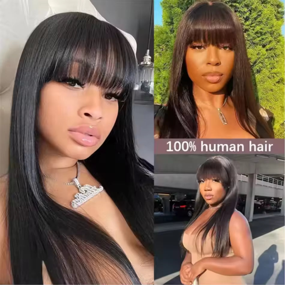 Atikual Glueless Straight Transparent Top Lace Wig Pre Bleached Human Hair Wigs With Bangs