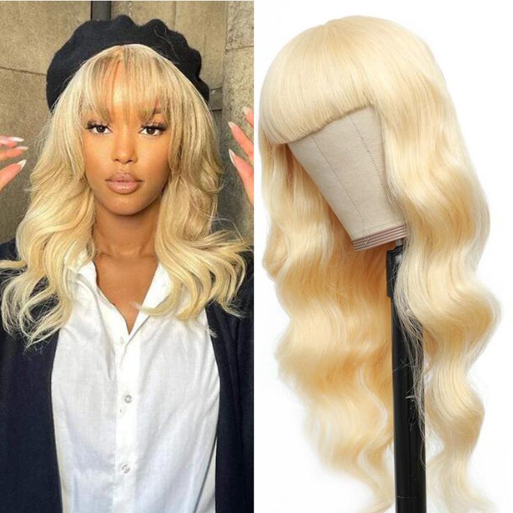 Atikual 613 Blonde Body Wave Human Hair Wig with Bangs Natural Color for Women