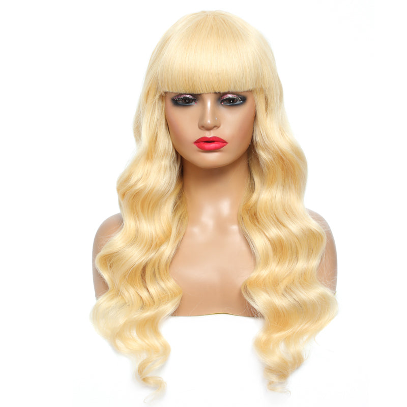 Atikual 613 Blonde Body Wave Human Hair Wig with Bangs Natural Color for Women