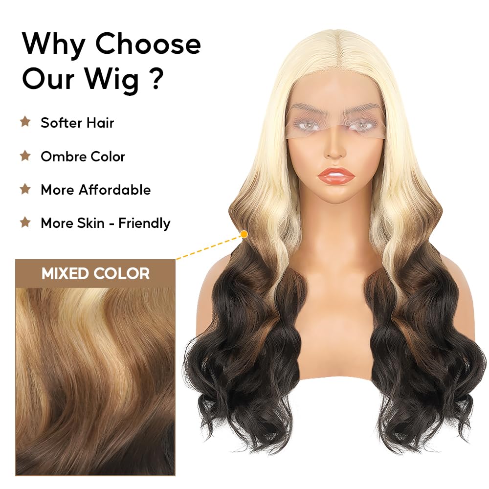 Atikual Ombre 613 Blonde Brown Body Wave Human Hair Wigs with Bangs for Women