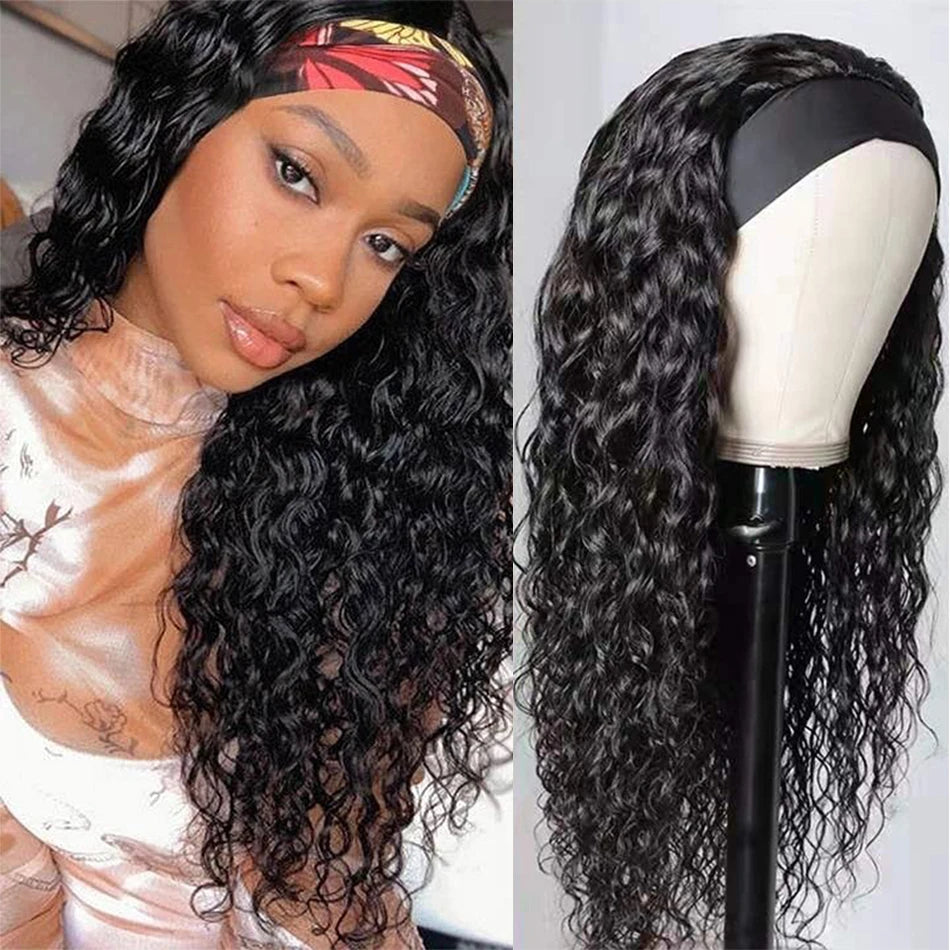 Atikual Water Wave Human Hair Headband Wig 180% Density Half Wig