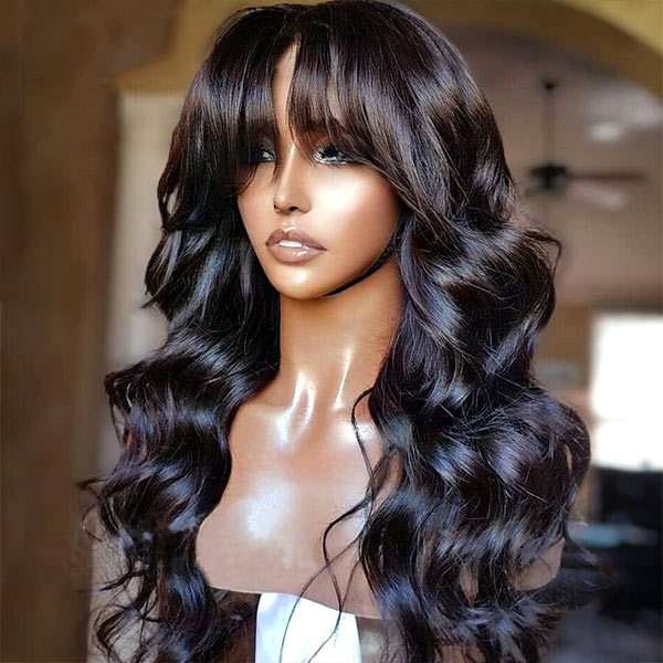 Atikual Throw & Go Body Wave Wig With Bangs Cost-Effective Human Hair Wig