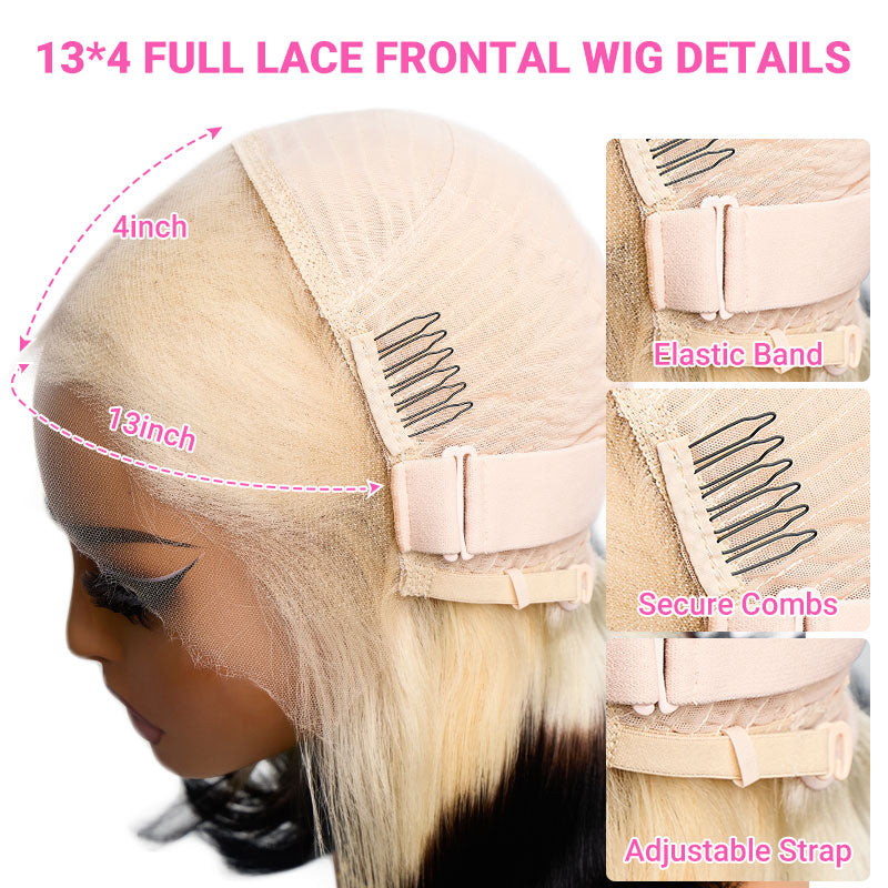 Atikual Fashion Gradient Color Ice Blonde With Black Bob Straight Virgin Hair Lace Wig Invisible Knots Hair