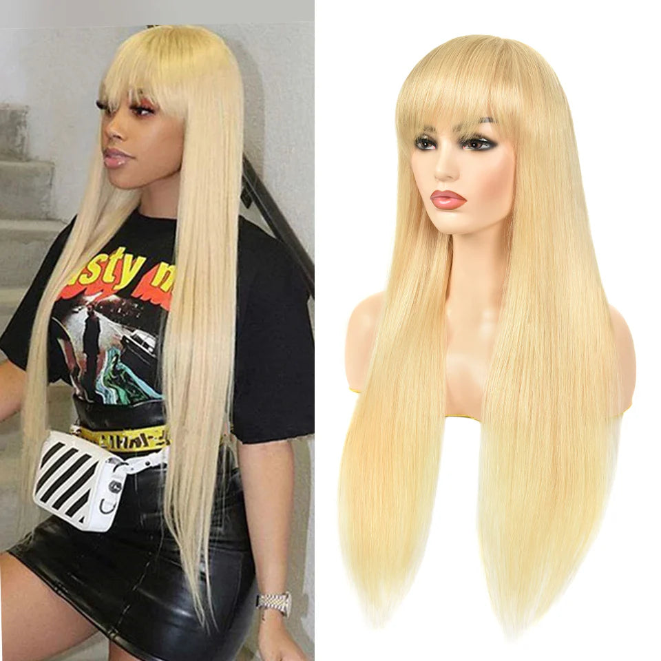 Atikual 613 Blonde Straight Top Lace Wig With Bangs & Natural Color Straight Glueless Human Hair Wig
