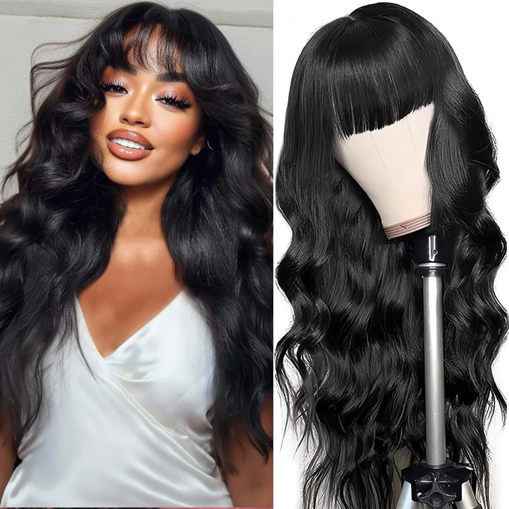 Atikual Throw & Go Body Wave Wig With Bangs Cost-Effective Human Hair Wig